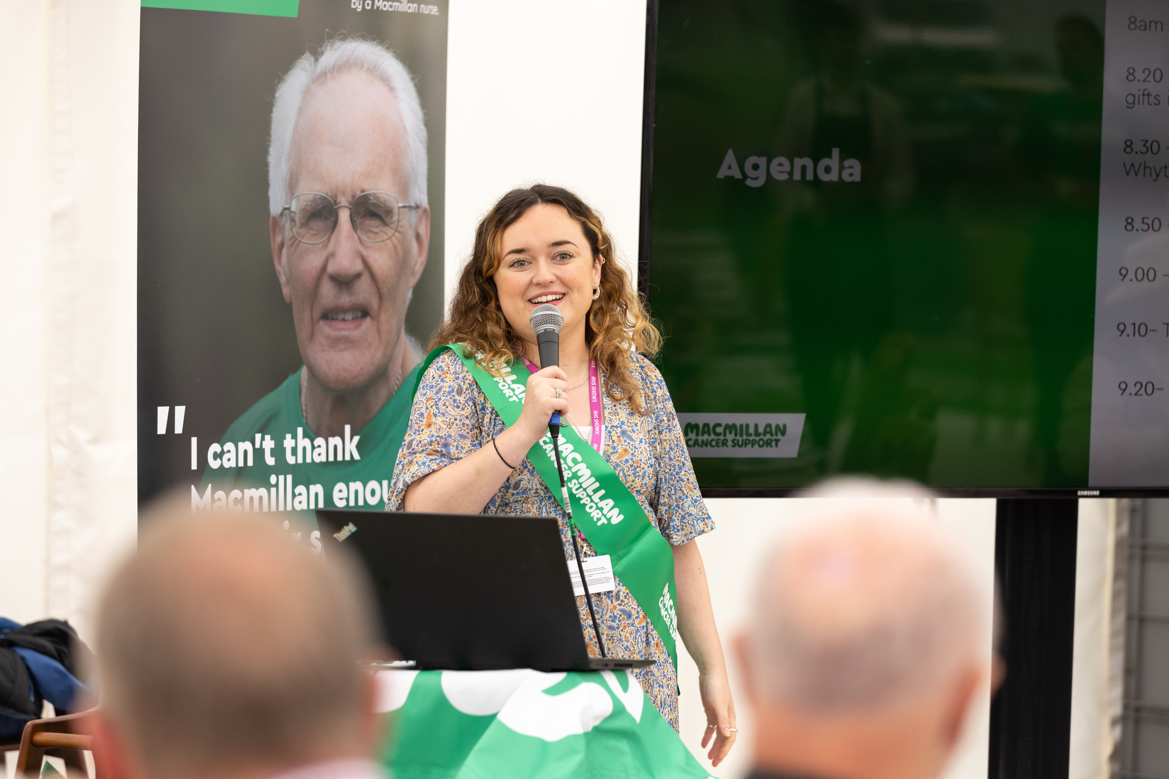 Jessica speaking at a Macmillan Gifts in Wills event